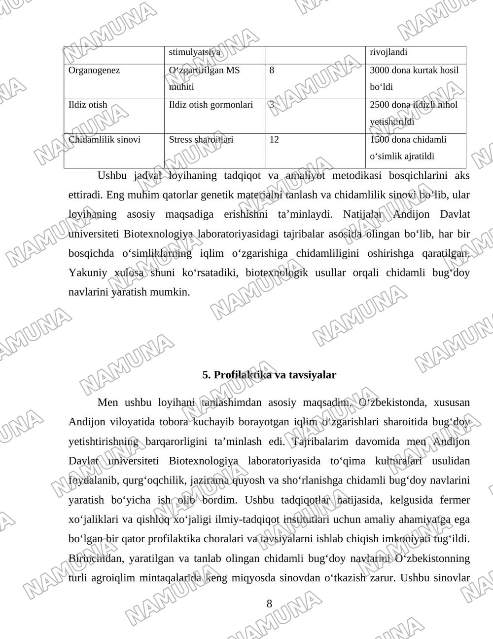 Iqlim oʻzgarishiga chidamli oʻsimliklarni yaratishda biotexnologiya — loyiha ishi, 8-varaq