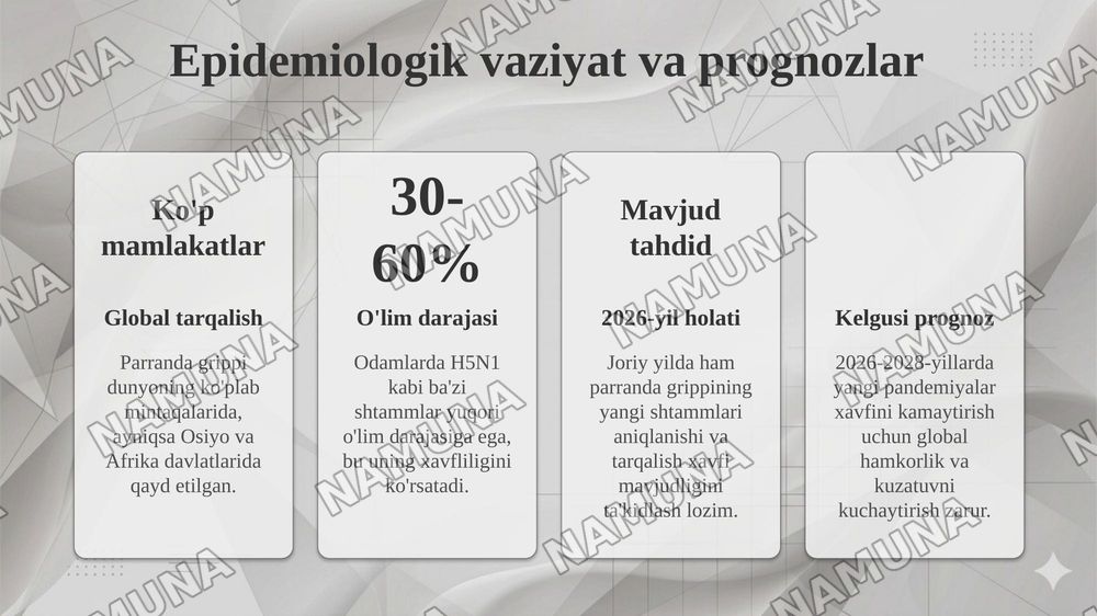 Insonlarda kuzatiladigan parranda grippi. Etiologiya, epidemiologiya, klinikasi, diagnostika, davolash. — taqdimot, 5-slayd
