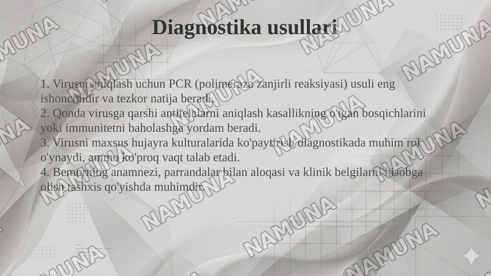 Insonlarda kuzatiladigan parranda grippi. Etiologiya, epidemiologiya, klinikasi, diagnostika, davolash. — taqdimot, 7-slayd