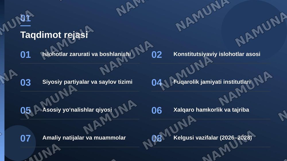Oʻzbekistonda demokratik fuqarolik jamiyati asoslarini shakllanishi amalga oshirilgan siyosiy islohatlar — zamonaviy taqdimot, 2-slayd