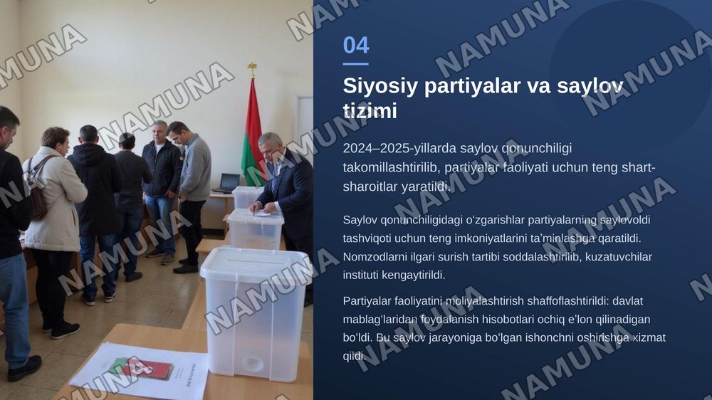 Oʻzbekistonda demokratik fuqarolik jamiyati asoslarini shakllanishi amalga oshirilgan siyosiy islohatlar — zamonaviy taqdimot, 5-slayd