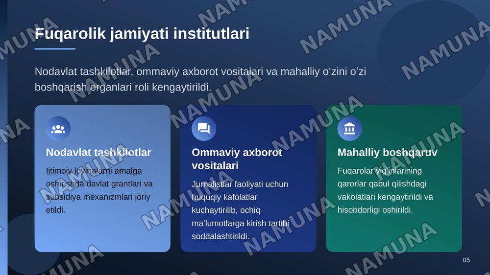 Oʻzbekistonda demokratik fuqarolik jamiyati asoslarini shakllanishi amalga oshirilgan siyosiy islohatlar — zamonaviy taqdimot, 6-slayd
