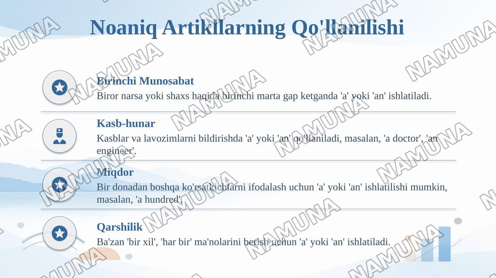 Aniq va noaniq artikllar — taqdimot, 6-slayd