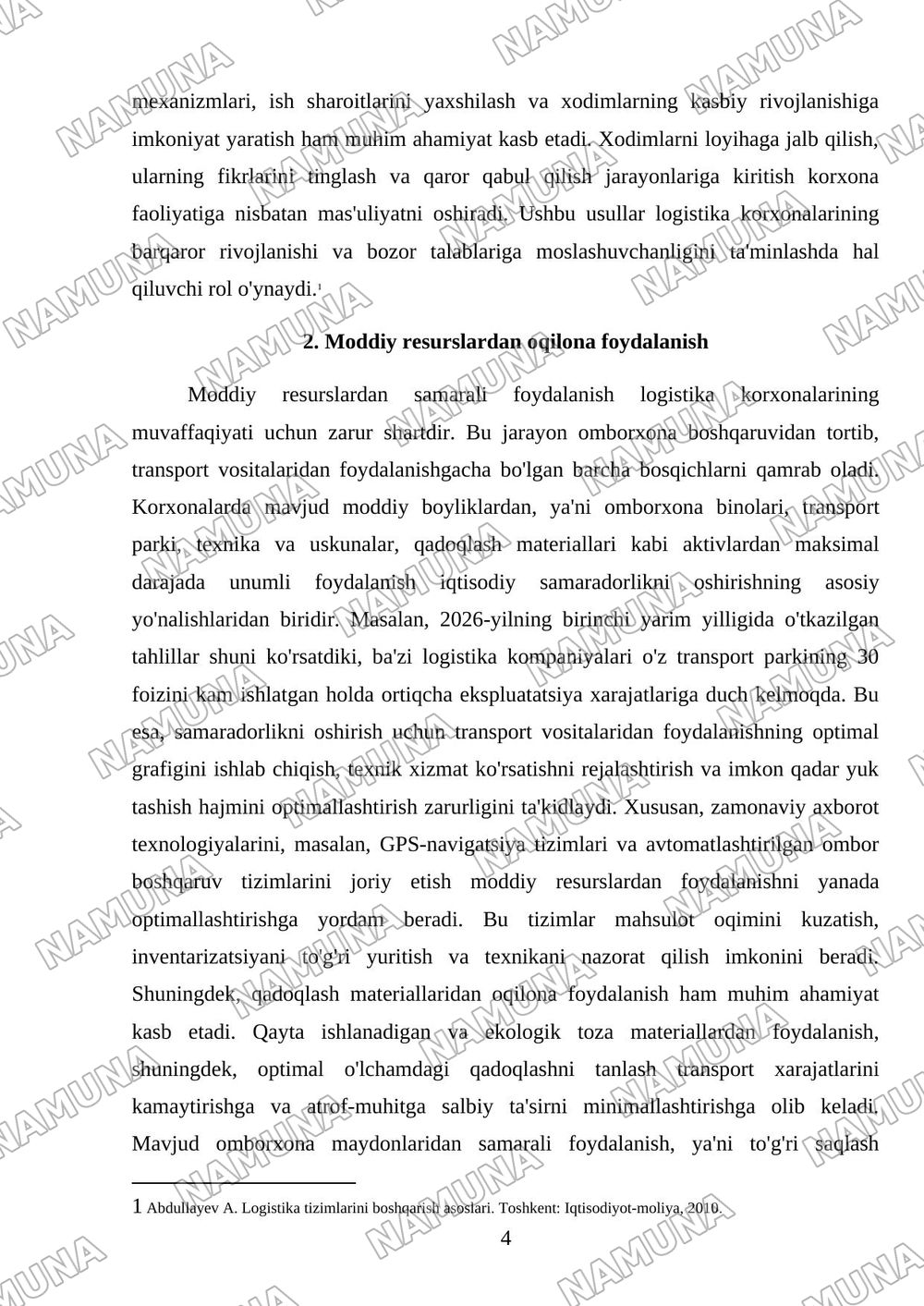 Logistika korxonalarida mehnat,moddiy, moliyaviy va axborot resurslaridan foydalanish samaradorligini oshirish — referat, 4-varaq