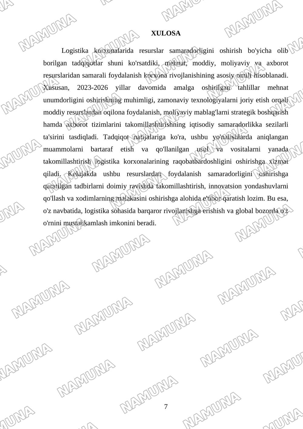 Logistika korxonalarida mehnat,moddiy, moliyaviy va axborot resurslaridan foydalanish samaradorligini oshirish — referat, 7-varaq