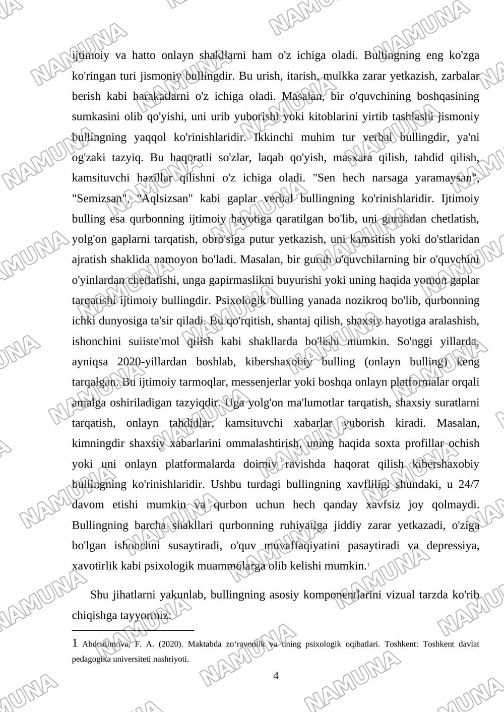Bullingning pedagogik va psixologik jihatlari. — mustaqil ish, 4-varaq