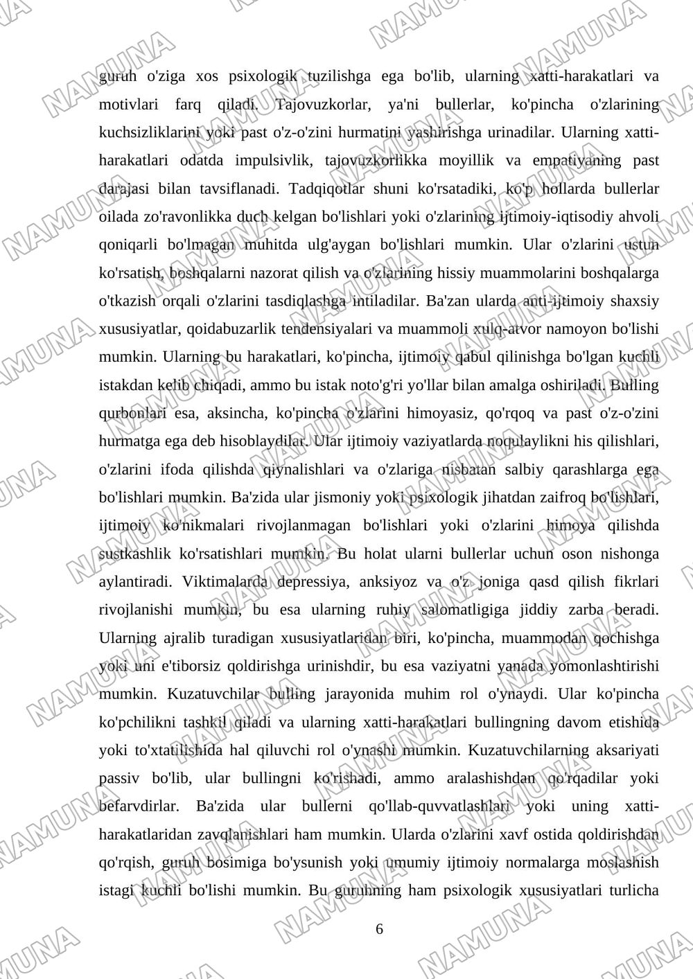 Bullingning pedagogik va psixologik jihatlari. — mustaqil ish, 6-varaq
