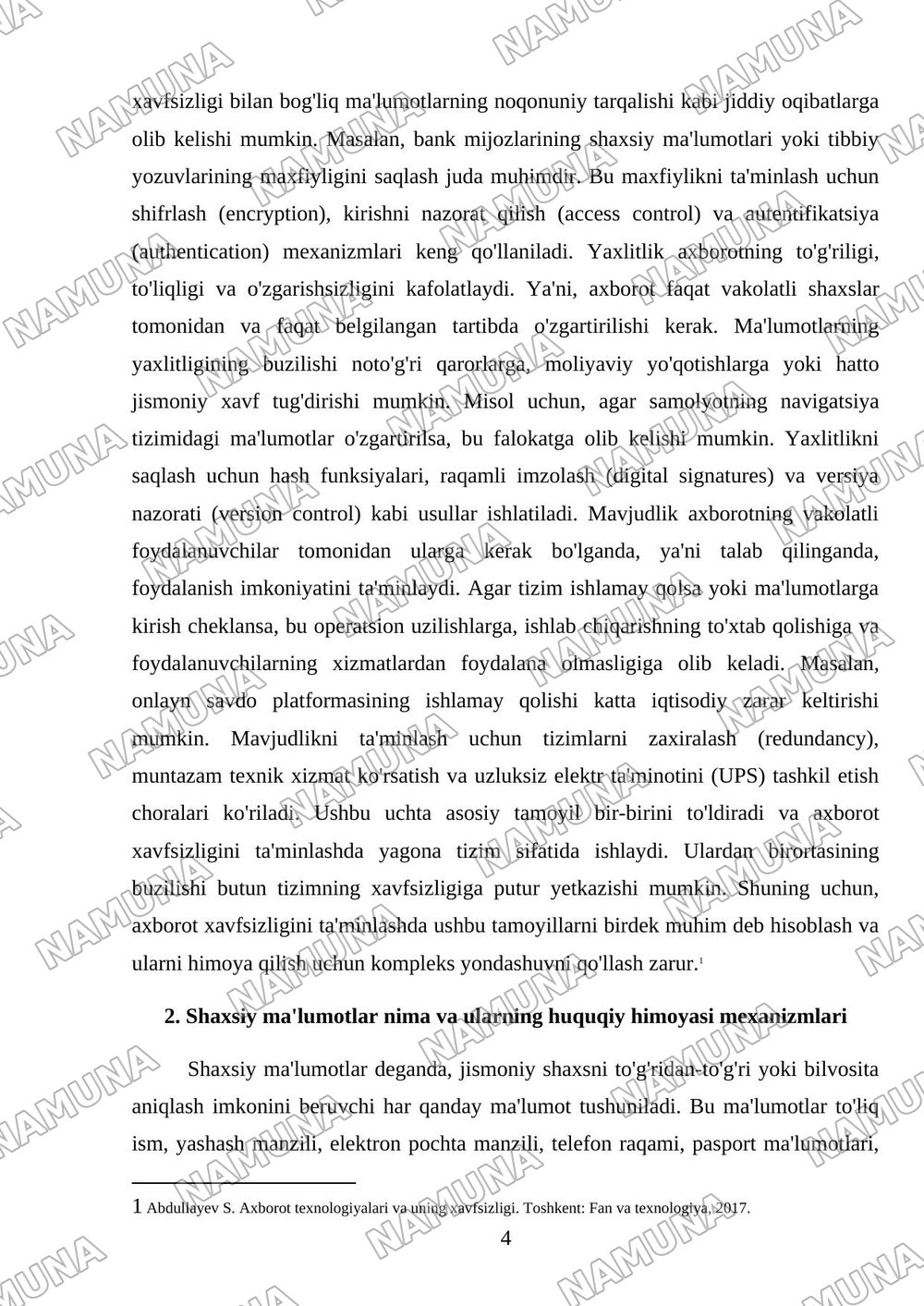 Axborot xavfsizligi va shaxsiy ma'lumotlarni himoya qilish — mustaqil ish, 4-varaq