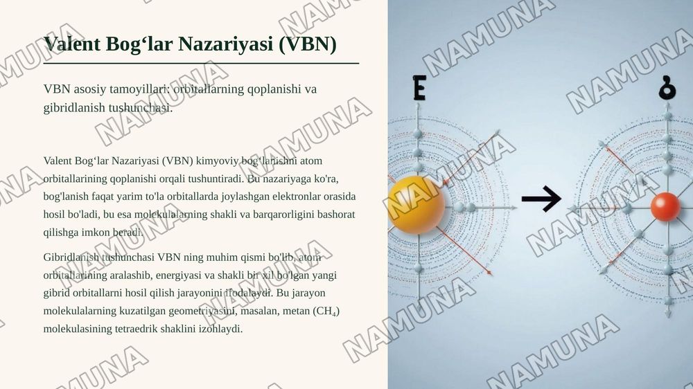 Kimyoviy bogʻlanish 
birikmalarda tabiati. Valent 
bogʻlar, kristall maydon va 
ligand maydoni nazariyalari. — zamonaviy taqdimot, 5-slayd