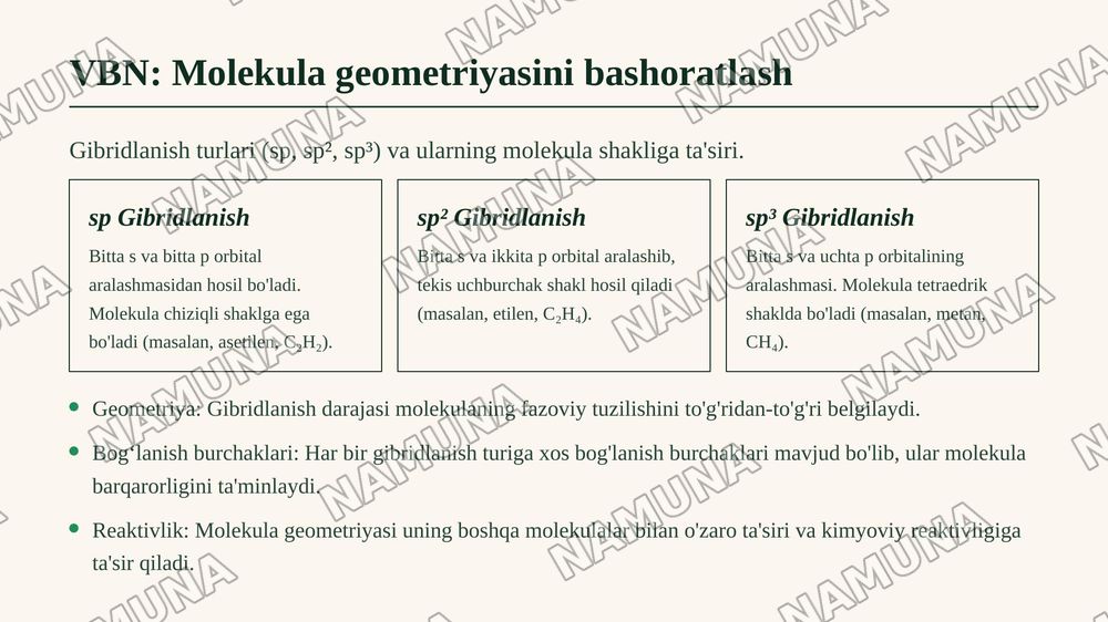 Kimyoviy bogʻlanish 
birikmalarda tabiati. Valent 
bogʻlar, kristall maydon va 
ligand maydoni nazariyalari. — zamonaviy taqdimot, 6-slayd
