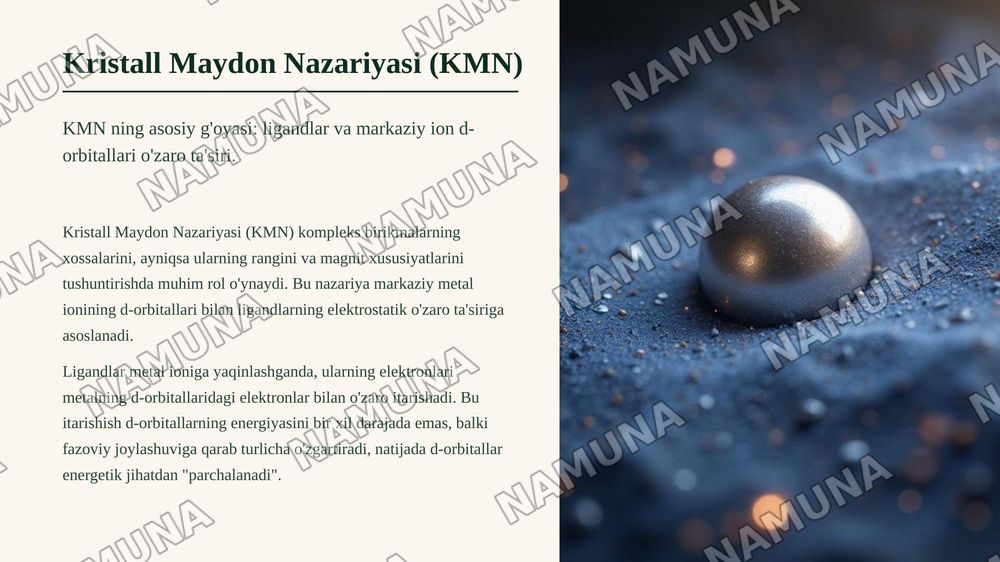 Kimyoviy bogʻlanish 
birikmalarda tabiati. Valent 
bogʻlar, kristall maydon va 
ligand maydoni nazariyalari. — zamonaviy taqdimot, 7-slayd