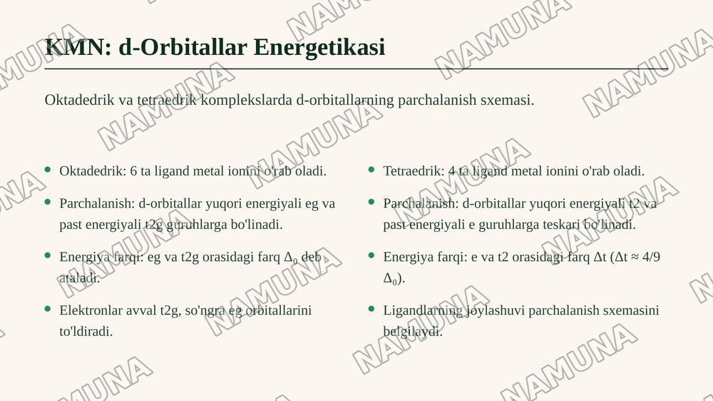 Kimyoviy bogʻlanish 
birikmalarda tabiati. Valent 
bogʻlar, kristall maydon va 
ligand maydoni nazariyalari. — zamonaviy taqdimot, 8-slayd