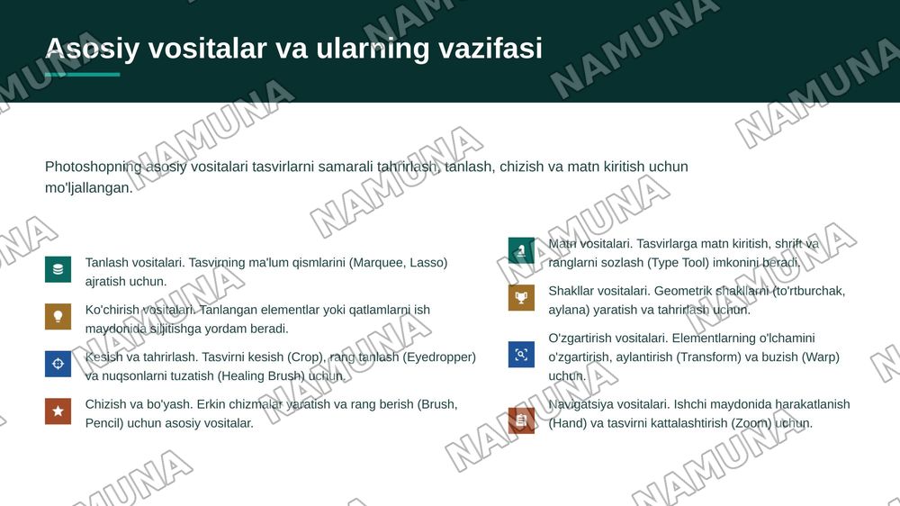 ADOBE PHOTOSHOP DASTURI BILAN UMUMIY TANISHUV — zamonaviy taqdimot, 7-slayd