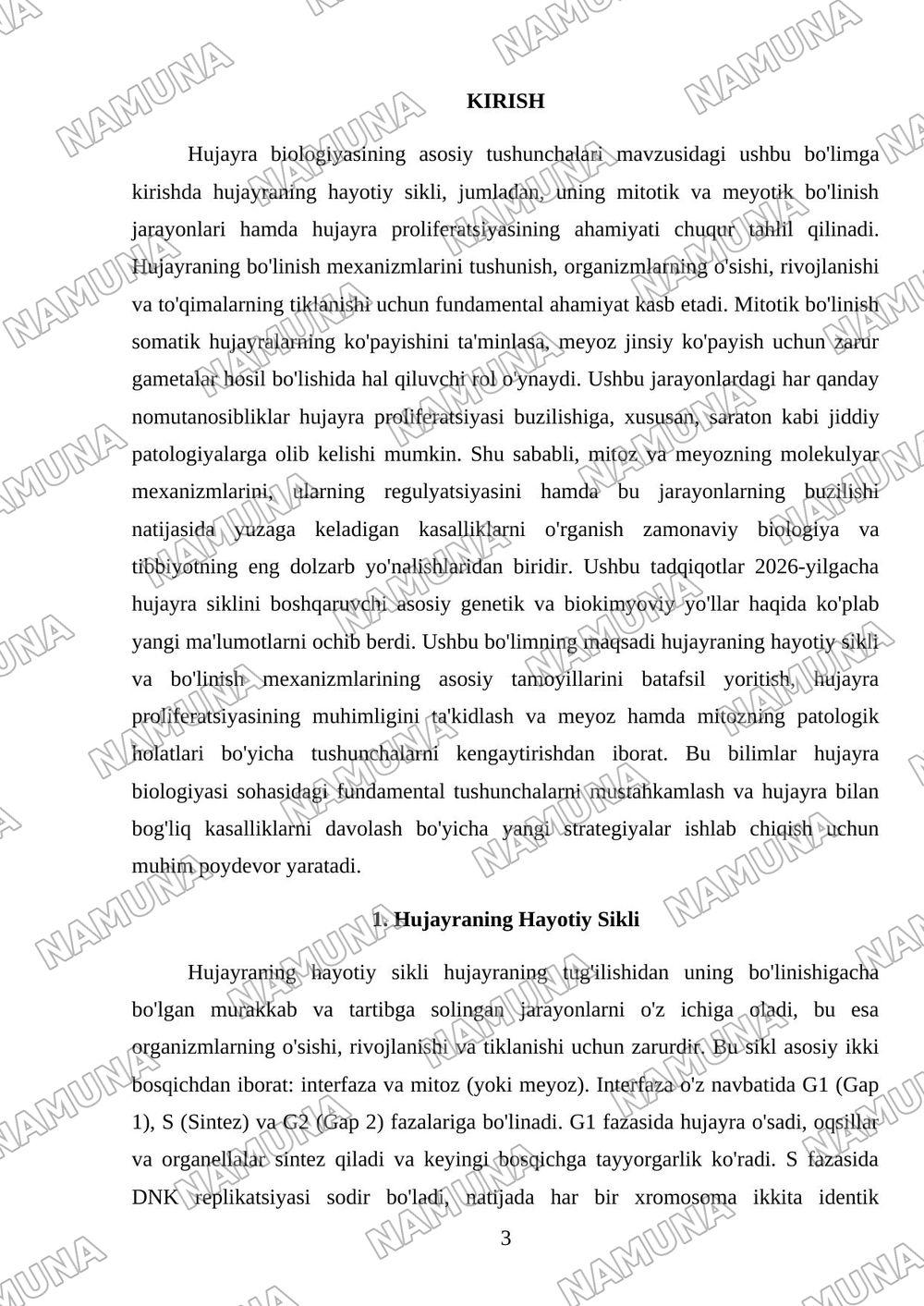 Hujayraning mitotik va hayotiy sikli.Hujayra proliferatsiyasi.Hujayraning meyotik bo’linishi.meyoz mitozning patalogiyasi — mustaqil ish, 3-varaq