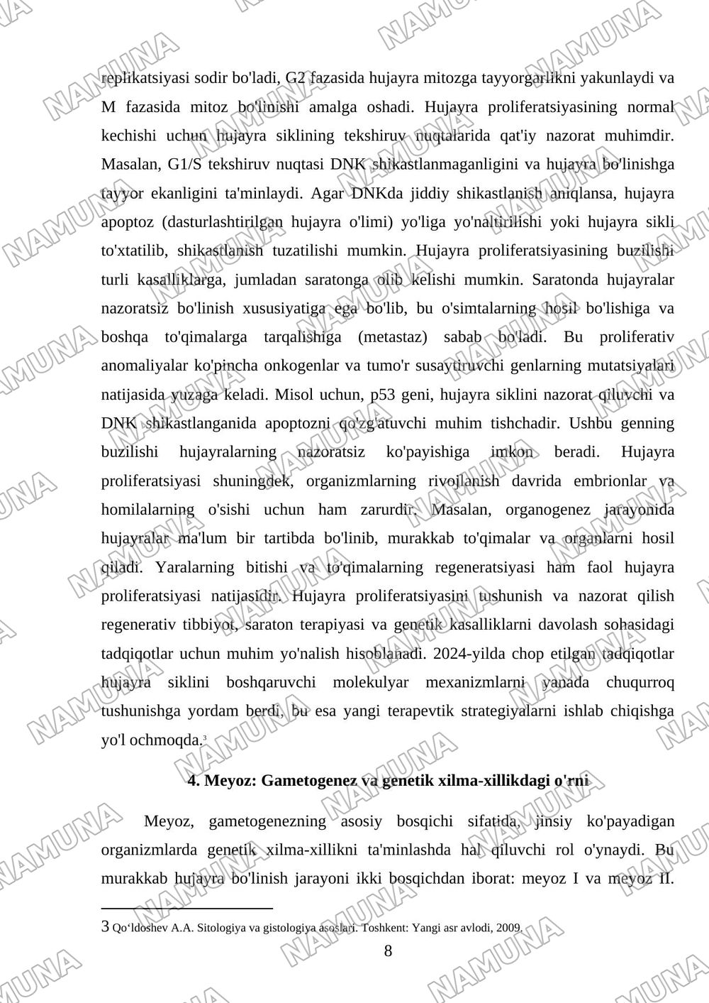 Hujayraning mitotik va hayotiy sikli.Hujayra proliferatsiyasi.Hujayraning meyotik bo’linishi.meyoz mitozning patalogiyasi — mustaqil ish, 8-varaq