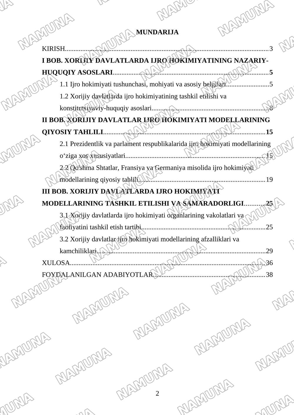 Xorijiy davlatlarda ijro hokimiyati modellarning qiyosiy tahlili — kurs ishi, 2-varaq