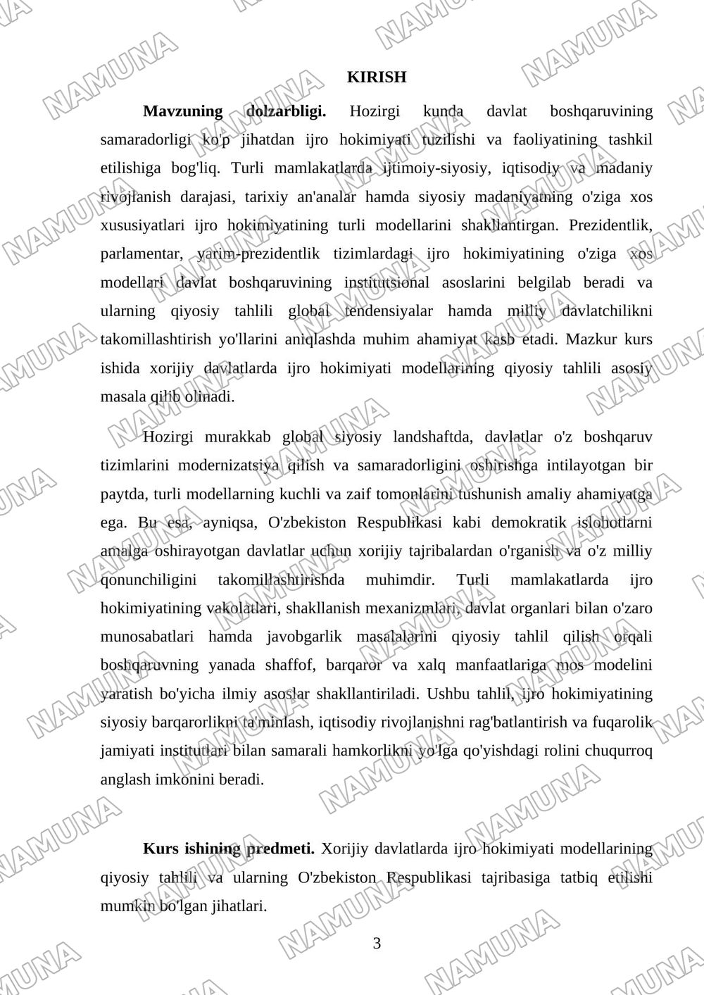Xorijiy davlatlarda ijro hokimiyati modellarning qiyosiy tahlili — kurs ishi, 3-varaq
