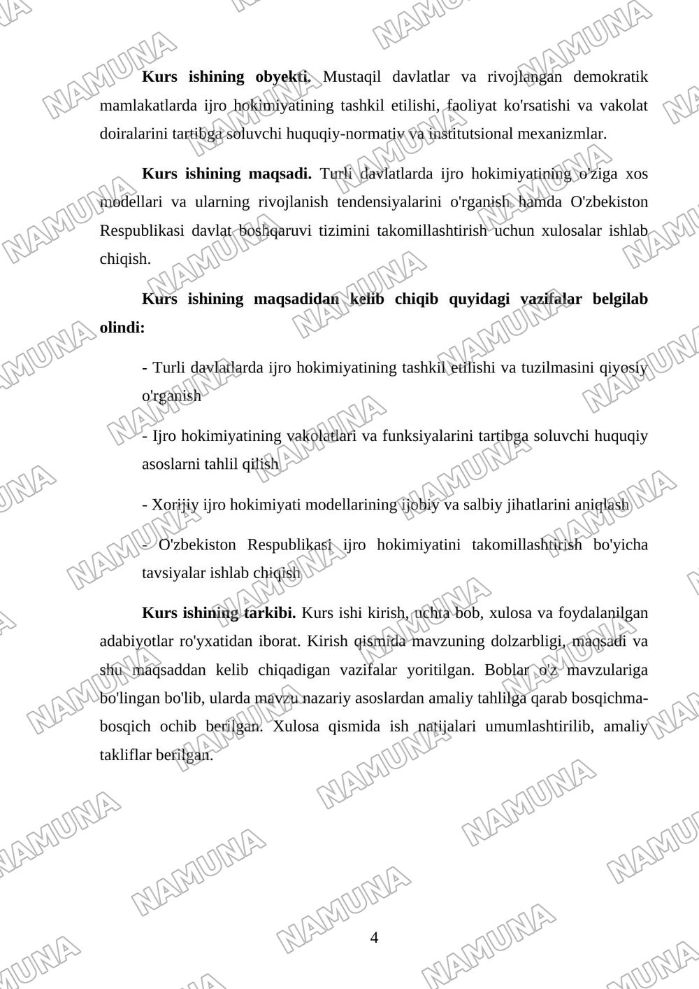 Xorijiy davlatlarda ijro hokimiyati modellarning qiyosiy tahlili — kurs ishi, 4-varaq
