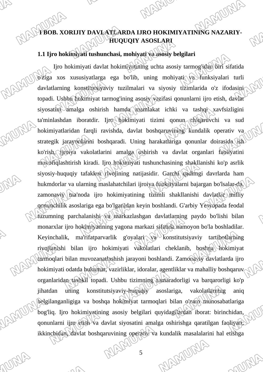 Xorijiy davlatlarda ijro hokimiyati modellarning qiyosiy tahlili — kurs ishi, 5-varaq