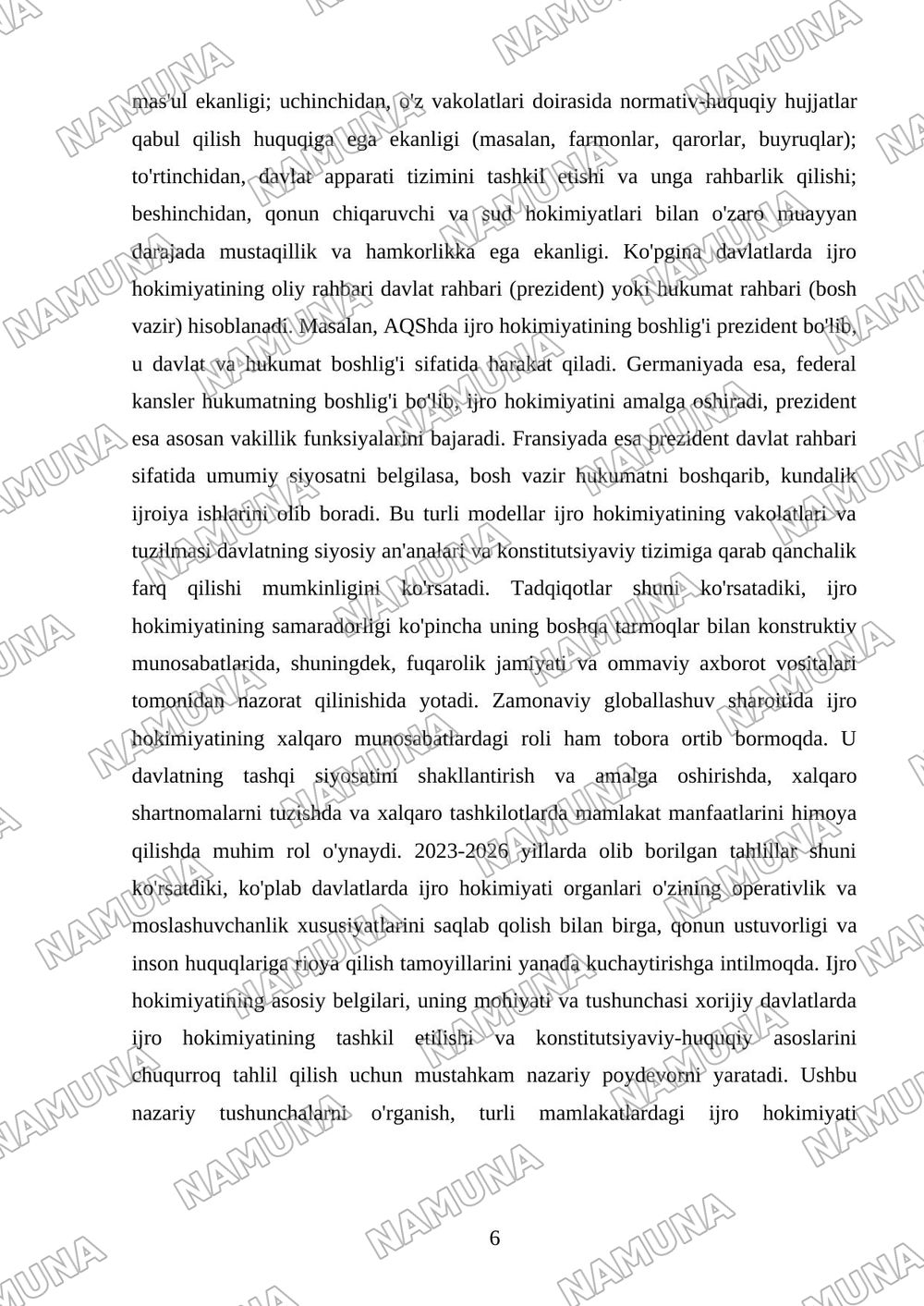 Xorijiy davlatlarda ijro hokimiyati modellarning qiyosiy tahlili — kurs ishi, 6-varaq