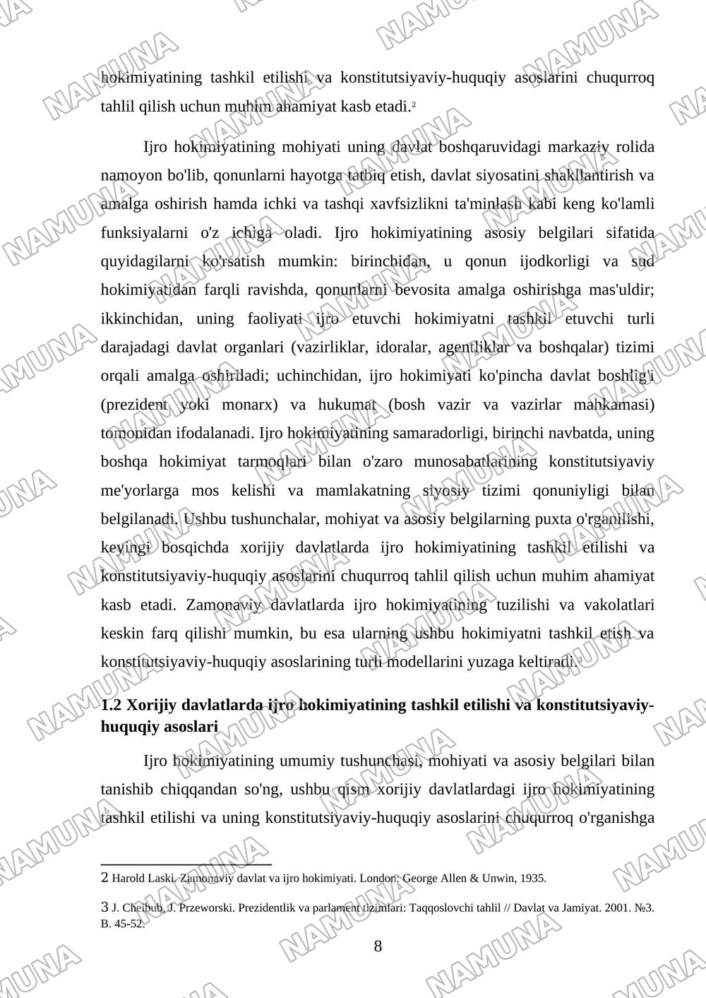 Xorijiy davlatlarda ijro hokimiyati modellarning qiyosiy tahlili — kurs ishi, 8-varaq