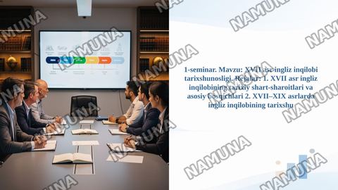 1-seminar. Mavzu: XVII asr ingliz inqilobi tarixshunosligi. Rejalar: 1. XVII asr ingliz inqilobining tarixiy shart-sharoitlari va asosiy bosqichlari 2. XVII–XIX asrlarda ingliz inqilobining tarixshu — taqdimot