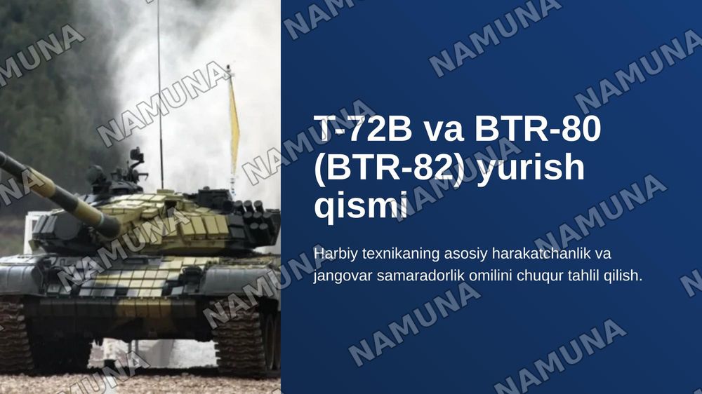 T-72 B tanki va BTR-80 (BTR-82) zirhli transportyorini yurish qismi
Oʻquv savvollari: 1 Tankning yurish qismi tuzilishi vazifasi
2 BTR-80 (BTR 82) zirhli transpoterning yurish qismi tuzilishi vazifasi asosiy qismlari — zamonaviy taqdimot, 1-slayd