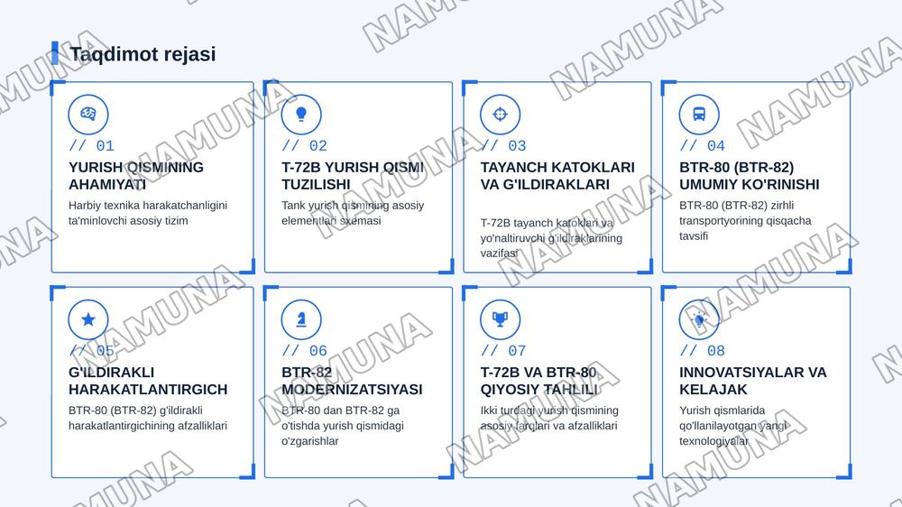 T-72 B tanki va BTR-80 (BTR-82) zirhli transportyorini yurish qismi
Oʻquv savvollari: 1 Tankning yurish qismi tuzilishi vazifasi
2 BTR-80 (BTR 82) zirhli transpoterning yurish qismi tuzilishi vazifasi asosiy qismlari — zamonaviy taqdimot, 2-slayd