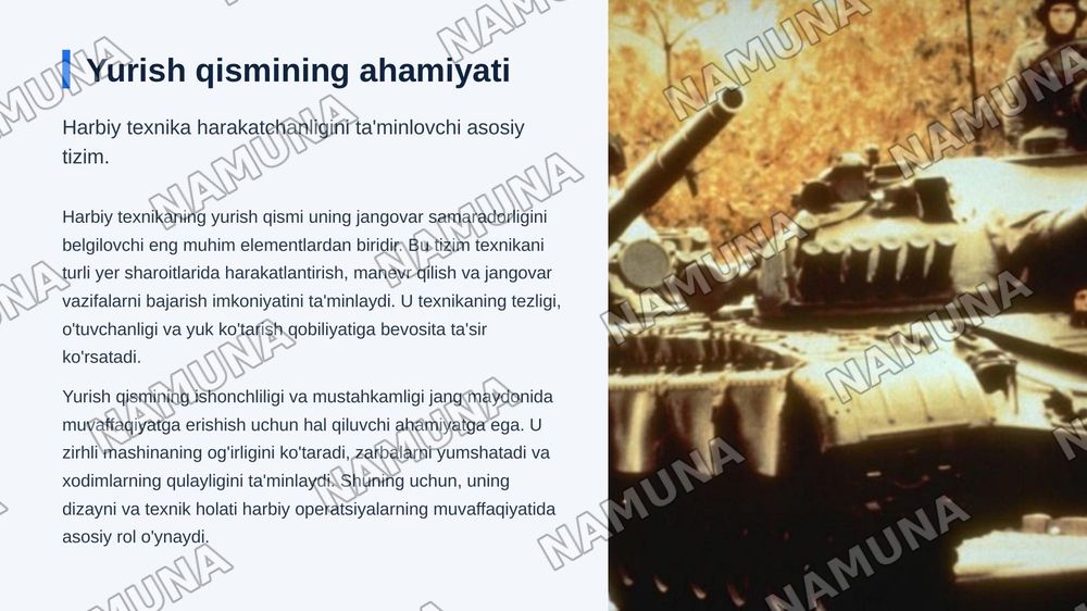 T-72 B tanki va BTR-80 (BTR-82) zirhli transportyorini yurish qismi
Oʻquv savvollari: 1 Tankning yurish qismi tuzilishi vazifasi
2 BTR-80 (BTR 82) zirhli transpoterning yurish qismi tuzilishi vazifasi asosiy qismlari — zamonaviy taqdimot, 3-slayd