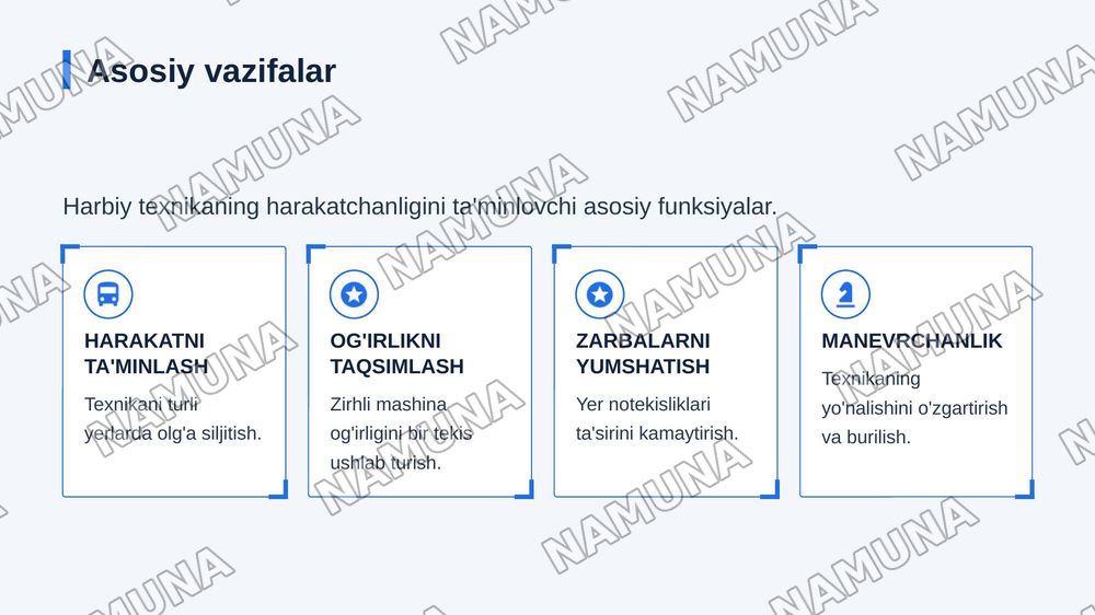 T-72 B tanki va BTR-80 (BTR-82) zirhli transportyorini yurish qismi
Oʻquv savvollari: 1 Tankning yurish qismi tuzilishi vazifasi
2 BTR-80 (BTR 82) zirhli transpoterning yurish qismi tuzilishi vazifasi asosiy qismlari — zamonaviy taqdimot, 4-slayd