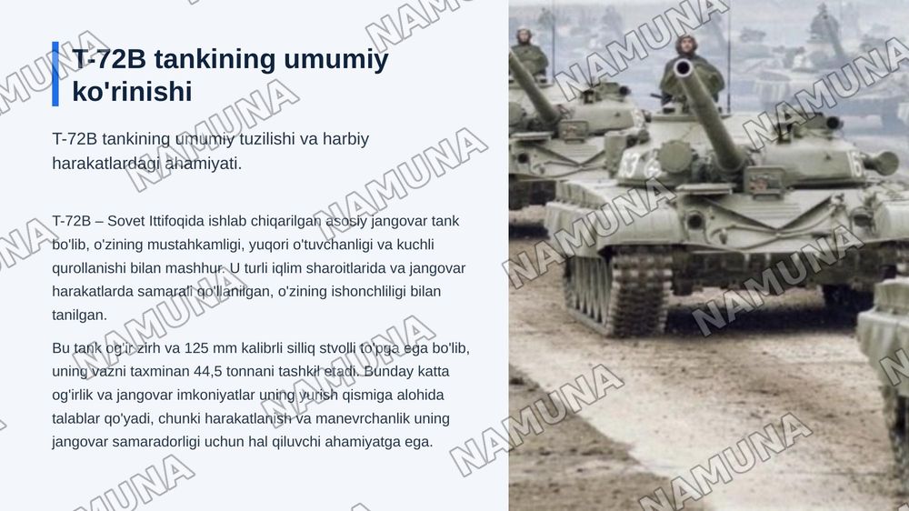 T-72 B tanki va BTR-80 (BTR-82) zirhli transportyorini yurish qismi
Oʻquv savvollari: 1 Tankning yurish qismi tuzilishi vazifasi
2 BTR-80 (BTR 82) zirhli transpoterning yurish qismi tuzilishi vazifasi asosiy qismlari — zamonaviy taqdimot, 5-slayd