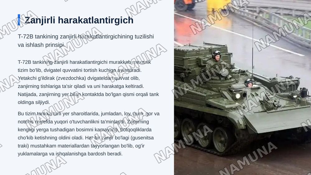 T-72 B tanki va BTR-80 (BTR-82) zirhli transportyorini yurish qismi
Oʻquv savvollari: 1 Tankning yurish qismi tuzilishi vazifasi
2 BTR-80 (BTR 82) zirhli transpoterning yurish qismi tuzilishi vazifasi asosiy qismlari — zamonaviy taqdimot, 7-slayd