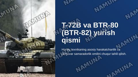 T-72 B tanki va BTR-80 (BTR-82) zirhli transportyorini yurish qismi
Oʻquv savvollari: 1 Tankning yurish qismi tuzilishi vazifasi
2 BTR-80 (BTR 82) zirhli transpoterning yurish qismi tuzilishi vazifasi asosiy qismlari — zamonaviy taqdimot