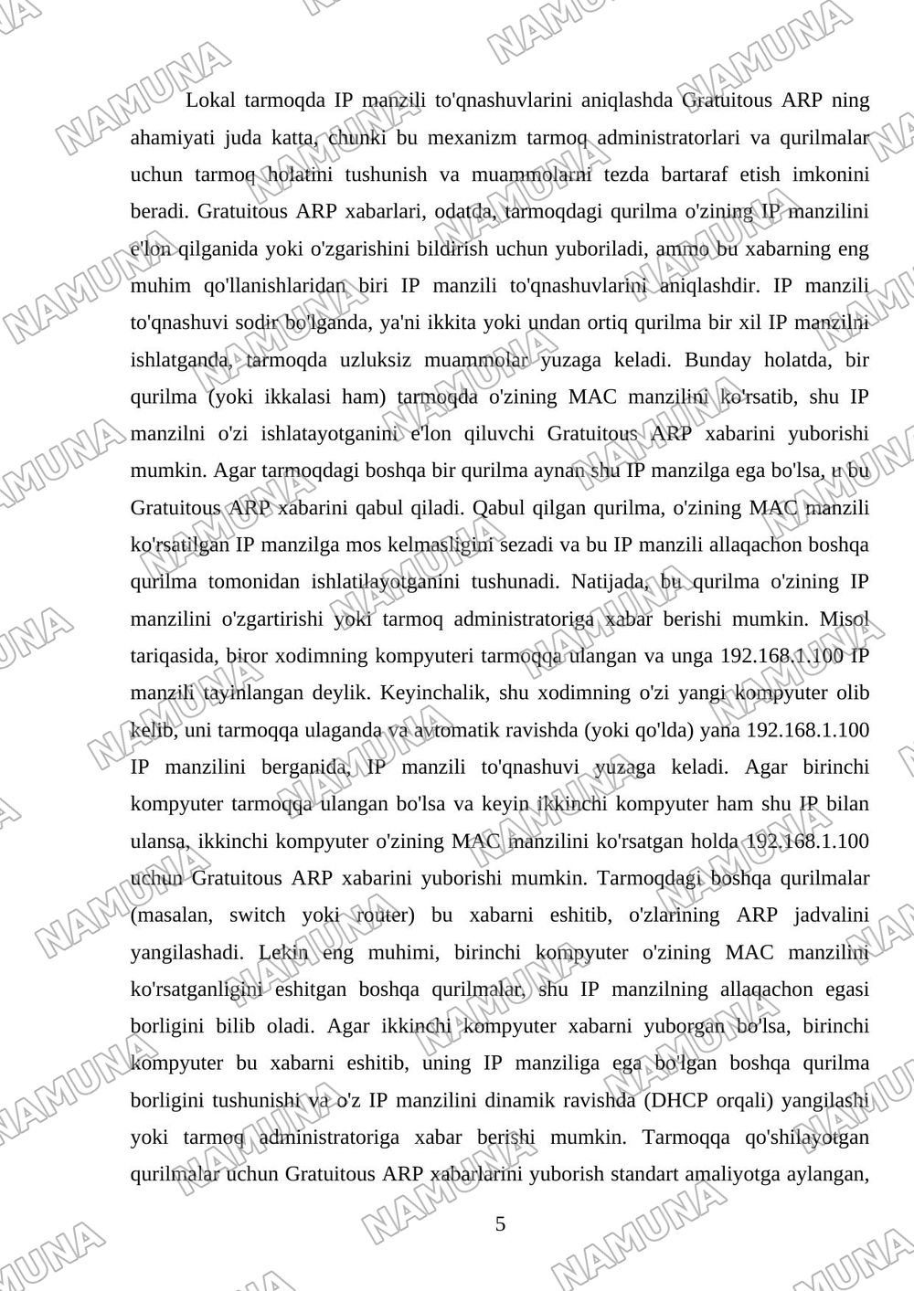Gratuitous ARP xabarining lokal tarmoqdagi vazifalari — mustaqil ish, 5-varaq