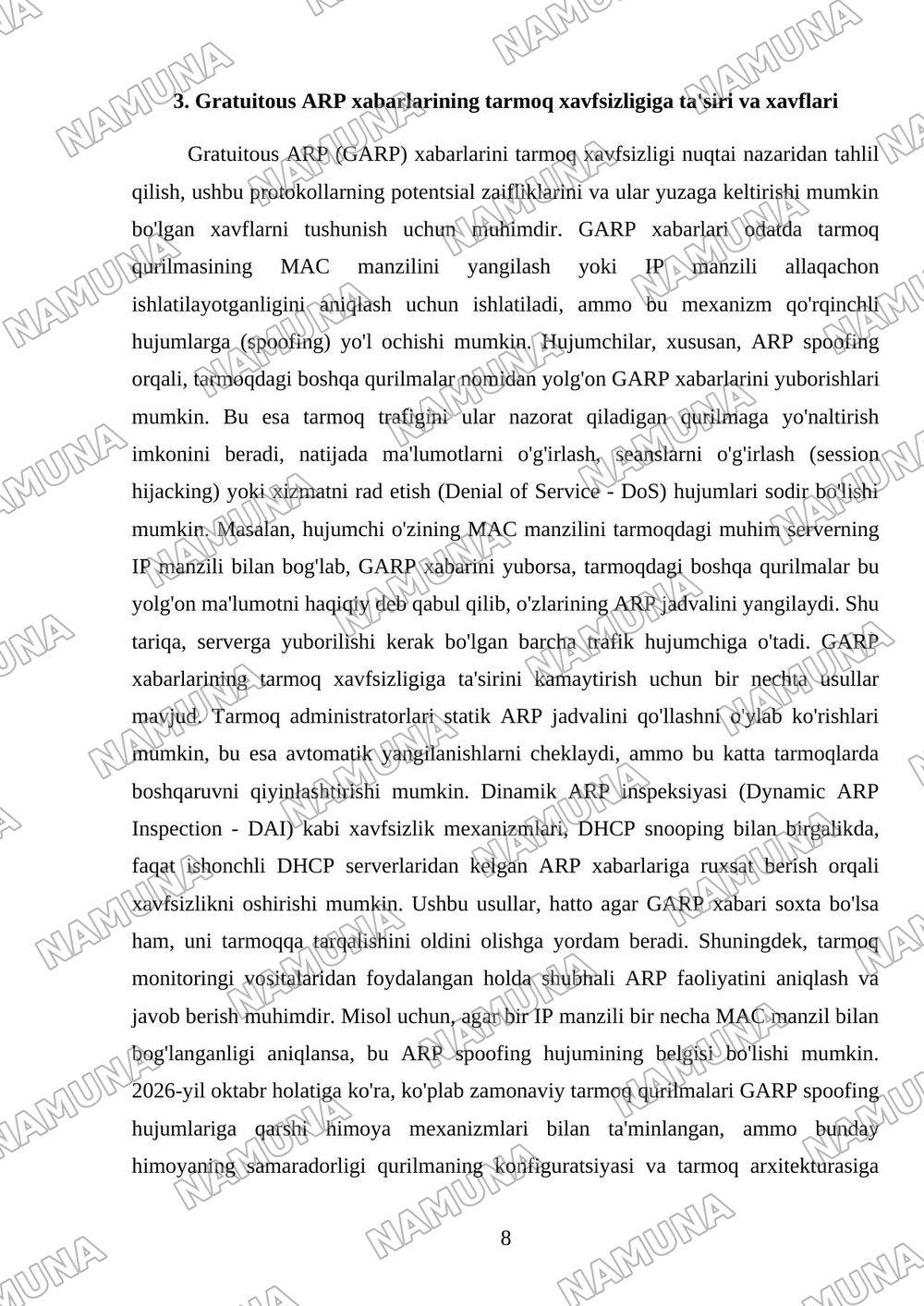 Gratuitous ARP xabarining lokal tarmoqdagi vazifalari — mustaqil ish, 8-varaq