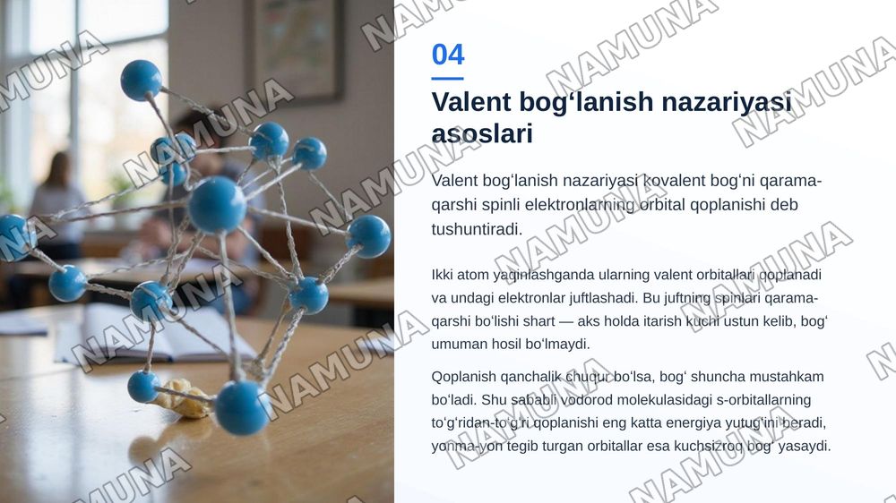 Kimyoviy bogʻlanishlarning zamonaviy nazariyalari va ularning moddalar xossalariga tasiri — zamonaviy taqdimot, 5-slayd