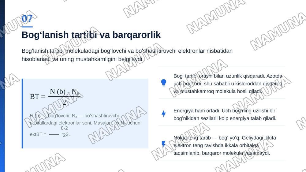 Kimyoviy bogʻlanishlarning zamonaviy nazariyalari va ularning moddalar xossalariga tasiri — zamonaviy taqdimot, 8-slayd