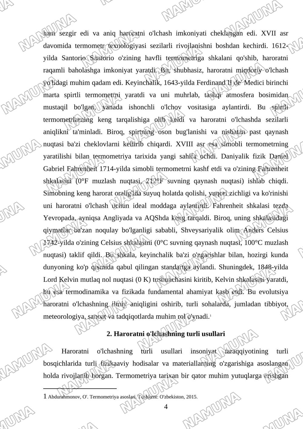 Harorat o'lchov asboblarining yaratish tarixi, termometriya usullari va ularning ahamiyati — mustaqil ish, 4-varaq
