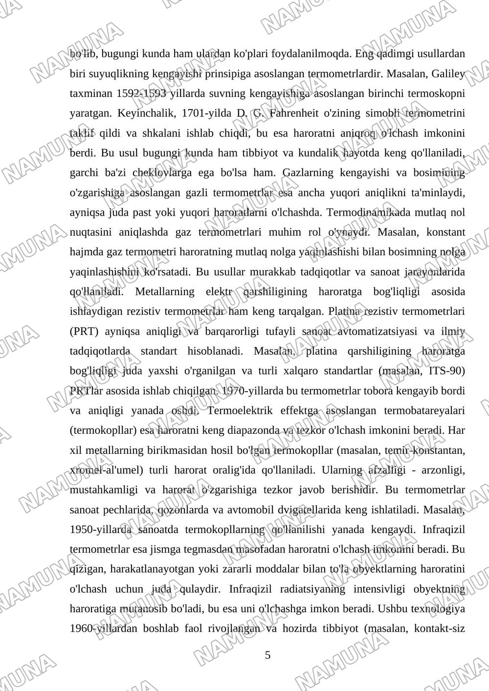 Harorat o'lchov asboblarining yaratish tarixi, termometriya usullari va ularning ahamiyati — mustaqil ish, 5-varaq