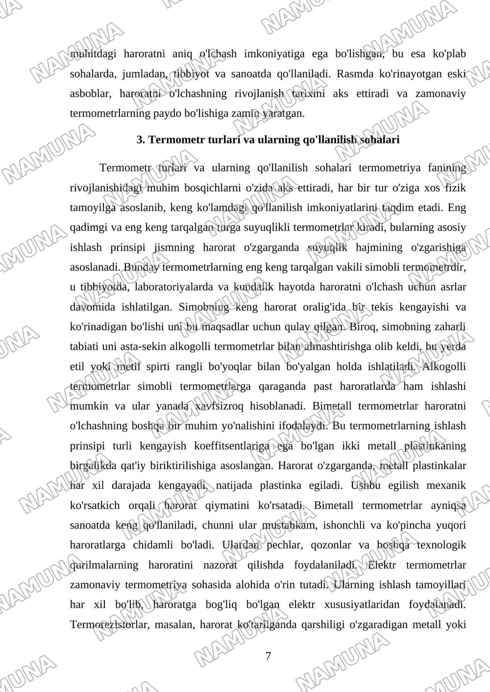 Harorat o'lchov asboblarining yaratish tarixi, termometriya usullari va ularning ahamiyati — mustaqil ish, 7-varaq
