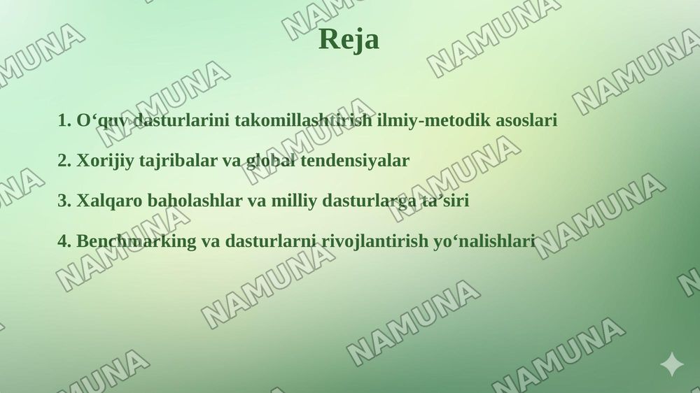 Xorijiy mamlakatlarning fan dasturini tahlil qilish va takomillashtirish boʻyicha xulosa tayyorlash — taqdimot, 2-slayd