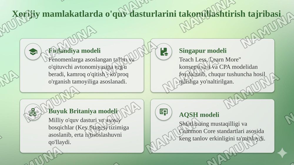 Xorijiy mamlakatlarning fan dasturini tahlil qilish va takomillashtirish boʻyicha xulosa tayyorlash — taqdimot, 6-slayd