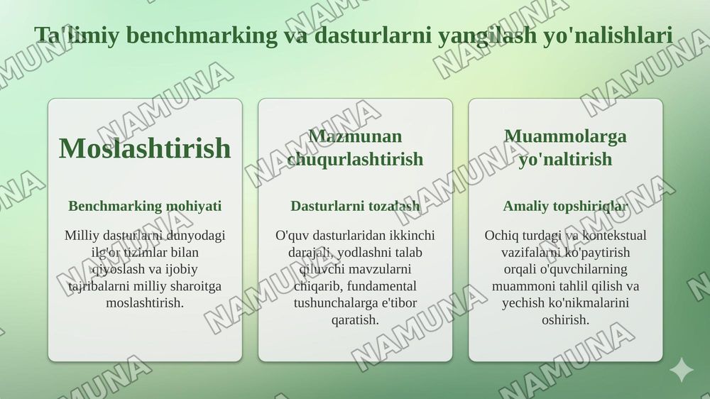 Xorijiy mamlakatlarning fan dasturini tahlil qilish va takomillashtirish boʻyicha xulosa tayyorlash — taqdimot, 8-slayd