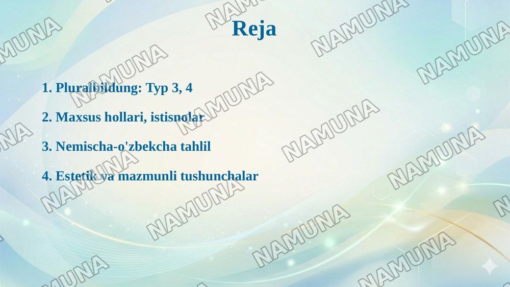 Der 3. Typ der Pluralbildung - Koʻplik yasalishining uchinchi turi
Der 4. Typ der Pluralbildung - Koʻplik yasalishining toʻrtinchi turi
Die besondere Falle der Pluralbildung - Koʻplik yasalishining maxsus hollari — taqdimot, 2-slayd