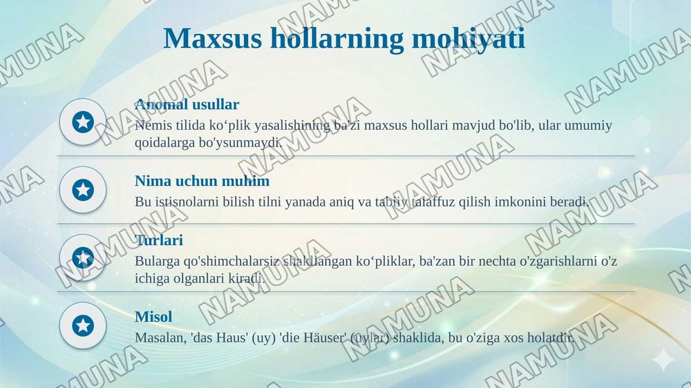 Der 3. Typ der Pluralbildung - Koʻplik yasalishining uchinchi turi
Der 4. Typ der Pluralbildung - Koʻplik yasalishining toʻrtinchi turi
Die besondere Falle der Pluralbildung - Koʻplik yasalishining maxsus hollari — taqdimot, 6-slayd