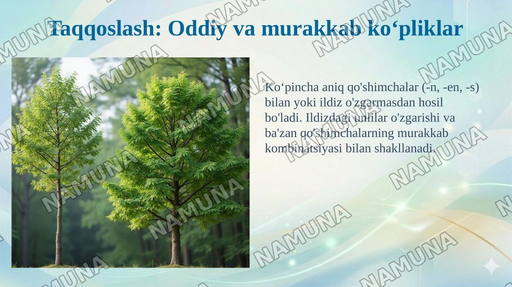 Der 3. Typ der Pluralbildung - Koʻplik yasalishining uchinchi turi
Der 4. Typ der Pluralbildung - Koʻplik yasalishining toʻrtinchi turi
Die besondere Falle der Pluralbildung - Koʻplik yasalishining maxsus hollari — taqdimot, 8-slayd
