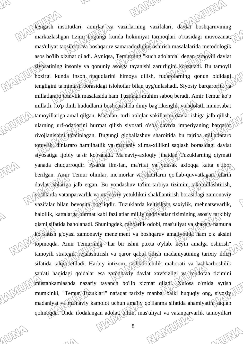 Temur Tuzuklari va uning hozirdi davrdagi ahamiyati — mustaqil ish, 8-varaq