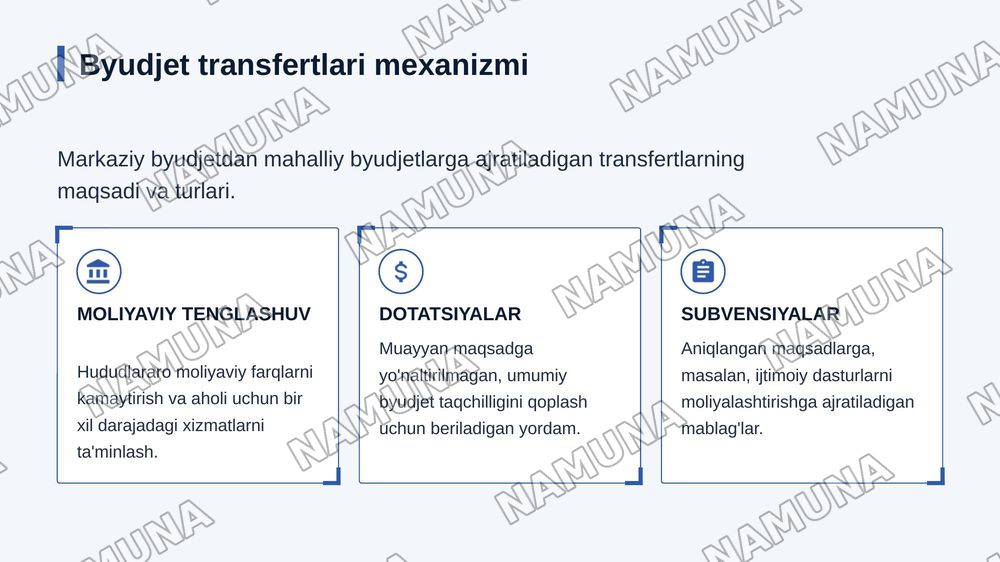 Mahalliy byudjet va transfertlar tahlili. Mahalliy byudjet daromadlari va
xarajatlarinitaqqoslash, hududlararo moliyaviy farqlarni aniqlash va transfertlar
bo‘yicha hisob-kitobhamda tahlil bajarish — zamonaviy taqdimot, 4-slayd