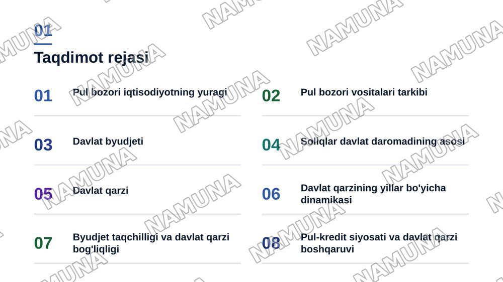 Pul bozori,davlat byudjeti, soliqlar va davlat qarzi
Shu mavzuda har bitiga 2-3 betli slayd va ustiga Toshkent kimyo texnologiya instituti 25-77 guruh talabasi Xabibullayev Baxtiyor deb yozib ham ber ustiga — zamonaviy taqdimot, 2-slayd
