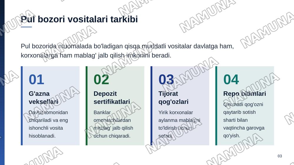 Pul bozori,davlat byudjeti, soliqlar va davlat qarzi
Shu mavzuda har bitiga 2-3 betli slayd va ustiga Toshkent kimyo texnologiya instituti 25-77 guruh talabasi Xabibullayev Baxtiyor deb yozib ham ber ustiga — zamonaviy taqdimot, 4-slayd
